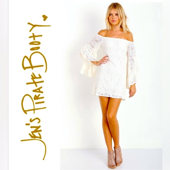 Jen's Pirate Booty Mini Dress French Lace Bardot Natural Size Medium - Picture 16 of 16